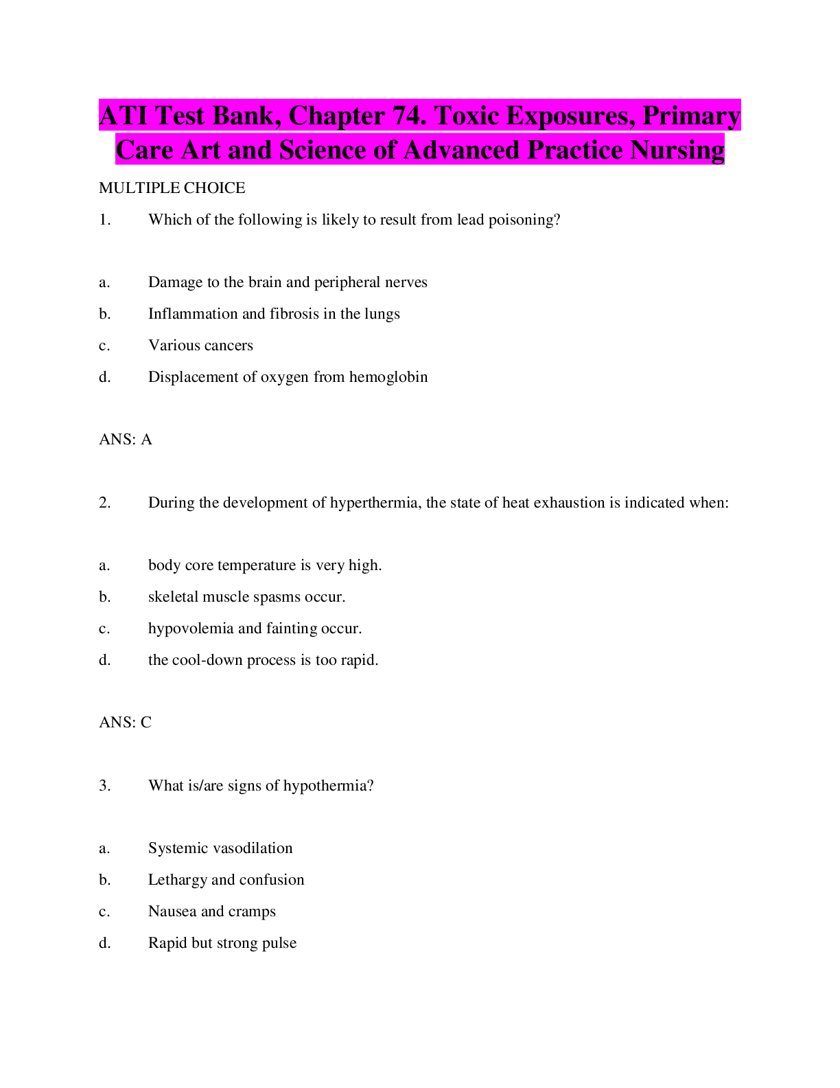 Preview image for ATI Test Bank, Chapter 74. Toxic Exposures, Primary Care Art and Science of Advanced Practice Nursing